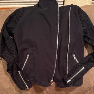 T2love Black Jacket with Lace Sleeves and Silver Zippers